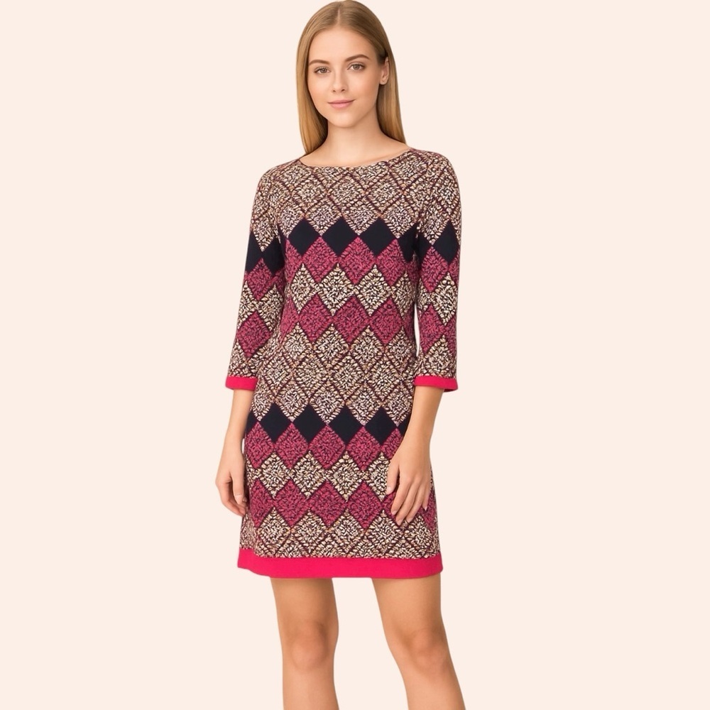 Eliza J Geometric Print Shift Dress Pink Navy 3/4 Sleeve Size 8